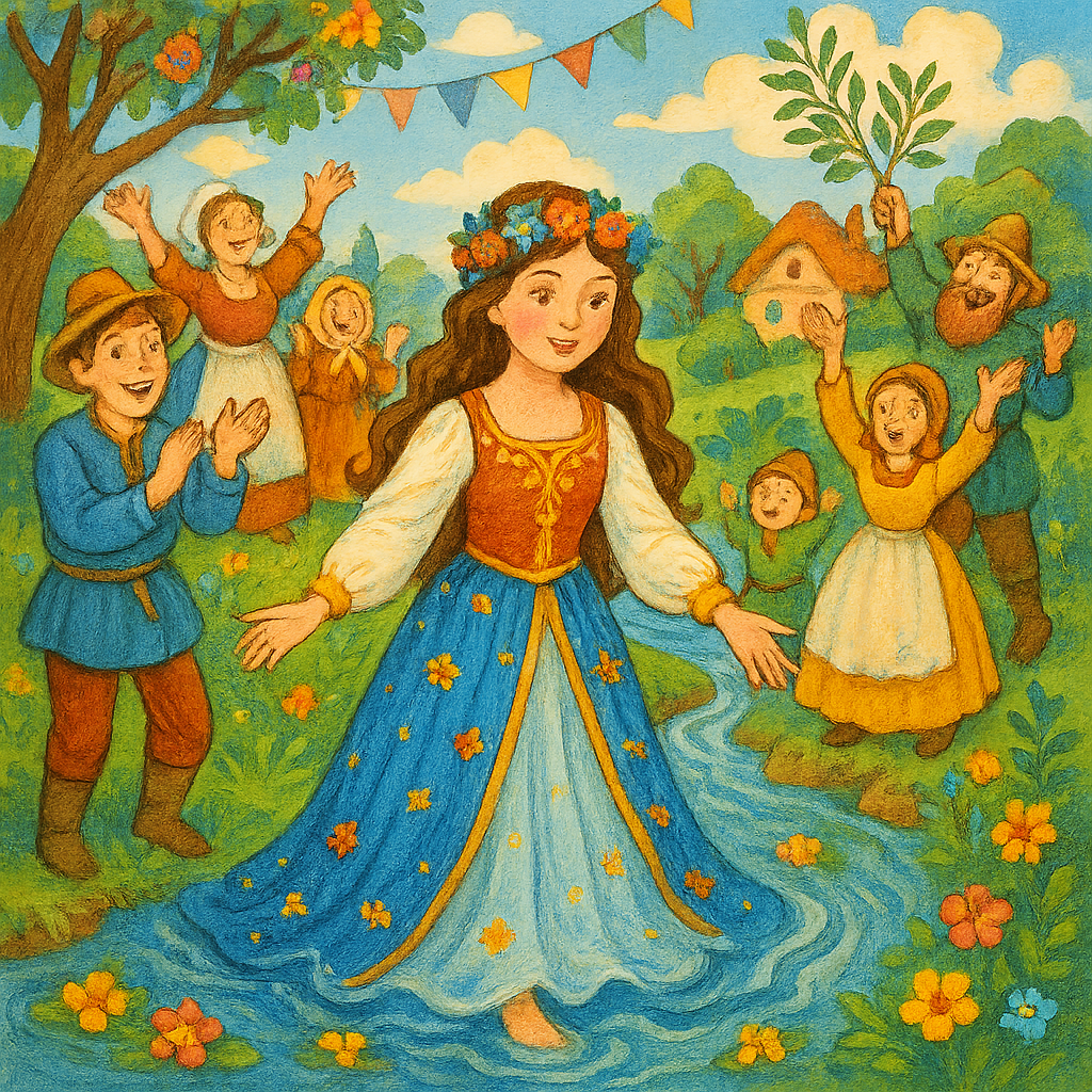 A girl, beautifully dressed, emerging from the river, surrounded by people celebrating, whimsical fairy tale style