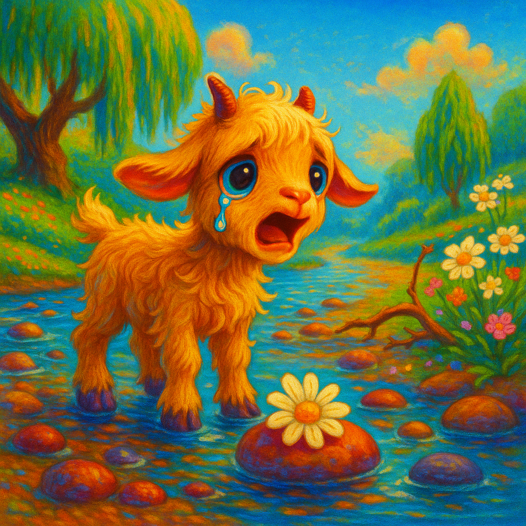 A sad little goat by the riverbank calling for his sister, whimsical fairy tale style