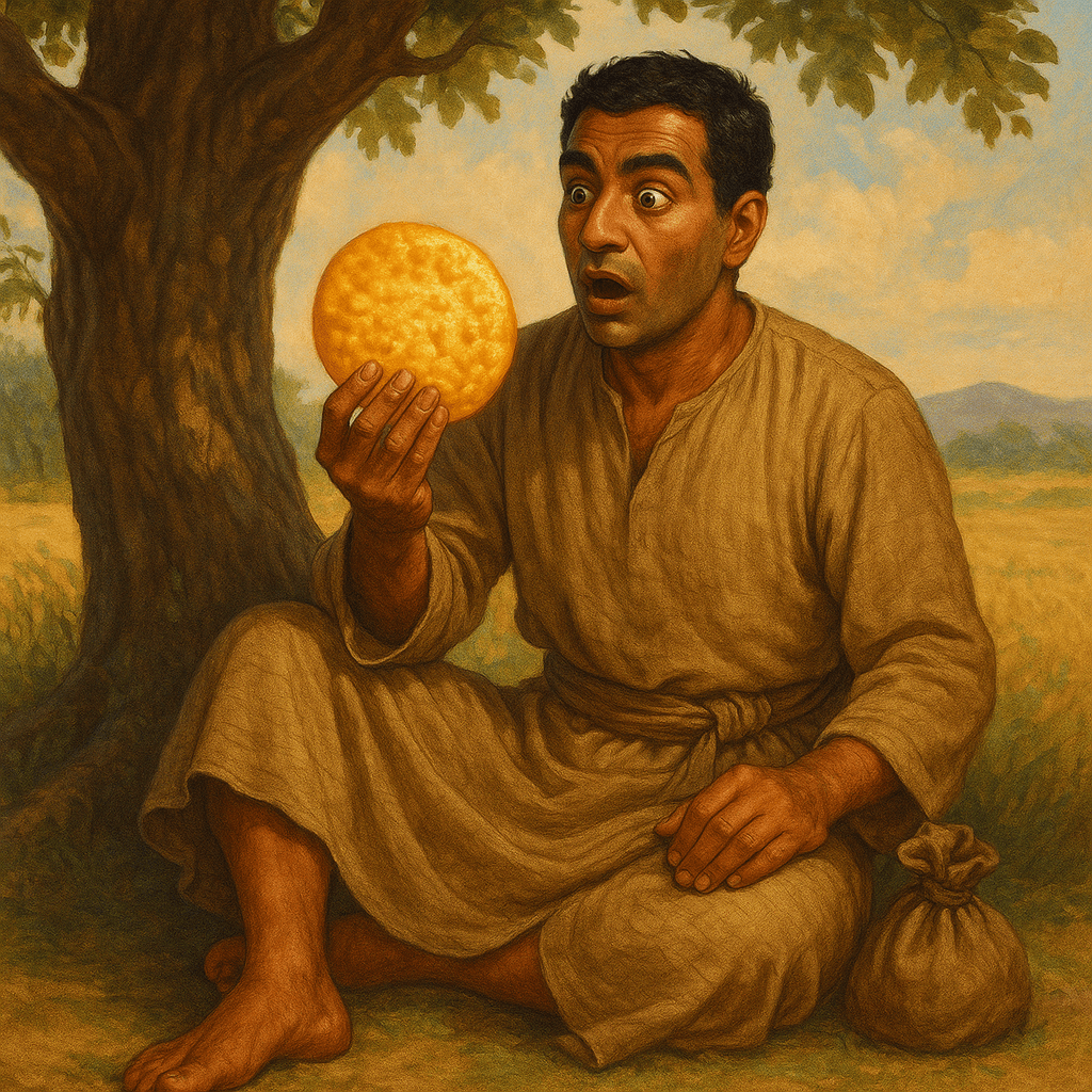 Аббас держит в руке золотую лепёшку