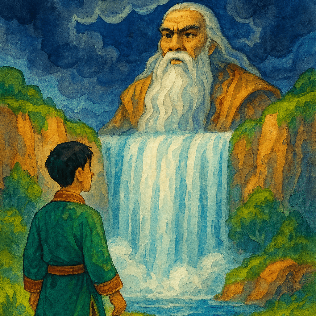 Ачу разговаривает с горным духом Жуда у водопада