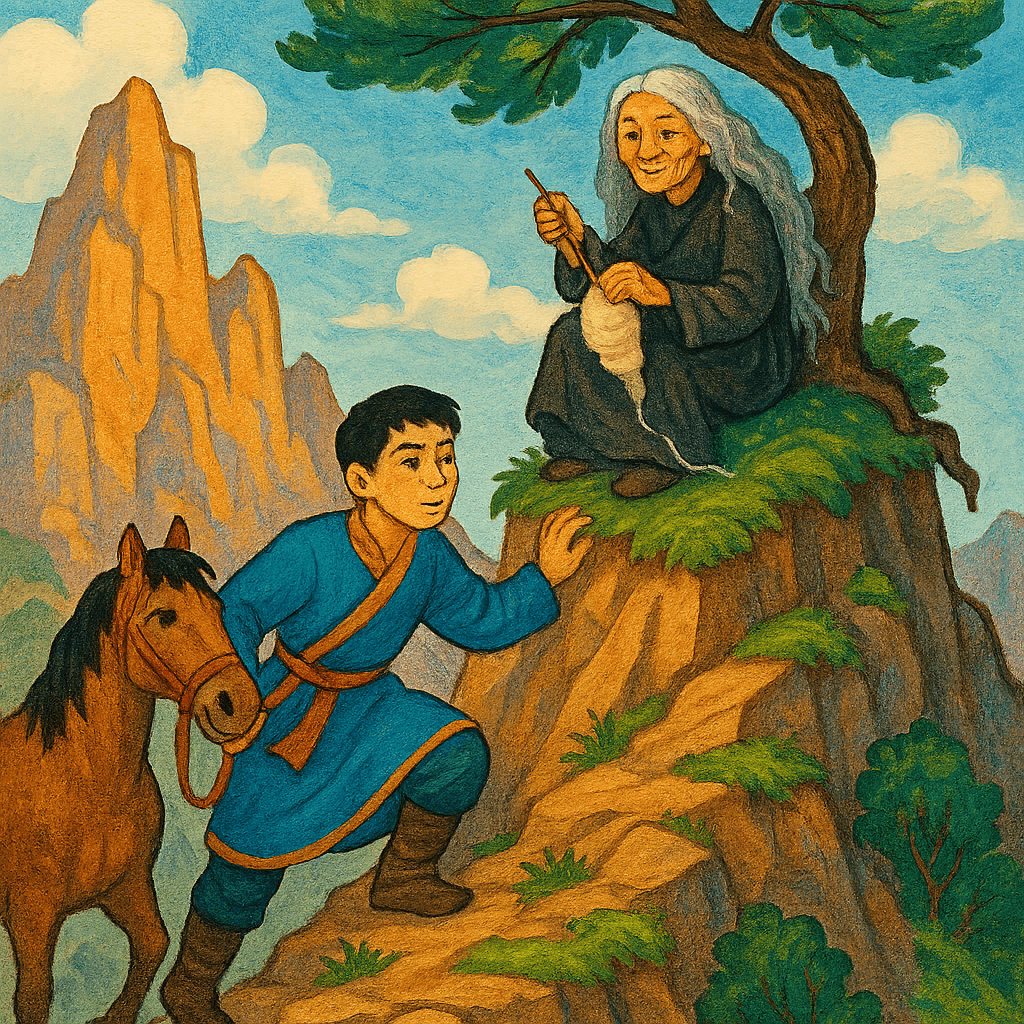 Ачу разговаривает со старой женщиной под сосной на вершине горы