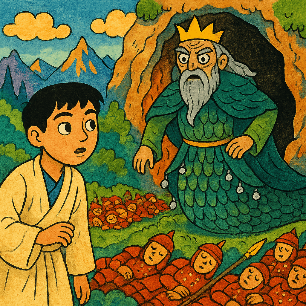 Ачу наблюдает за царем змей Кабула и спящими стражниками у пещеры