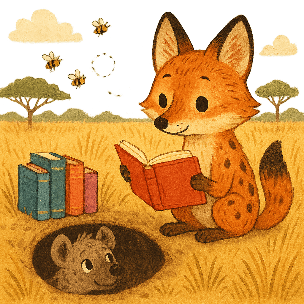 Лиса сидит у ямы с книгой, из ямы слышно жужжание пчёл, гиена наблюдает