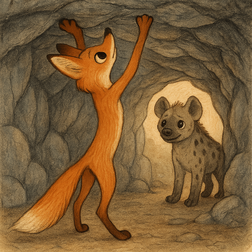 Лиса лапами держит потолок пещеры, гиена стоит рядом
