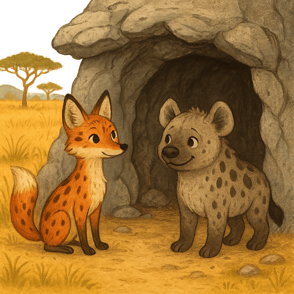 Лиса и гиена возле входа в пещеру на фоне африканской саванны