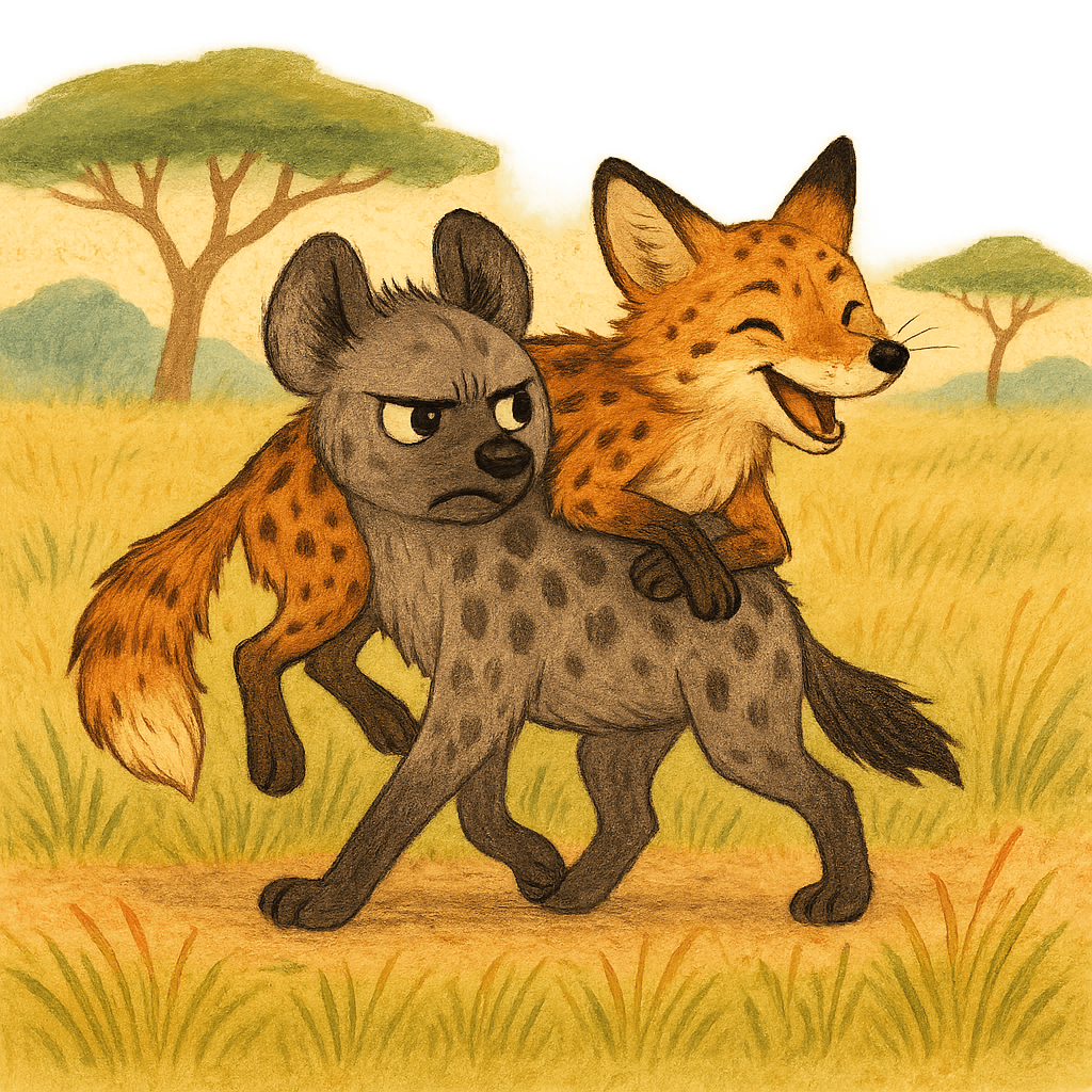 Гиена несёт лису на спине по африканской траве