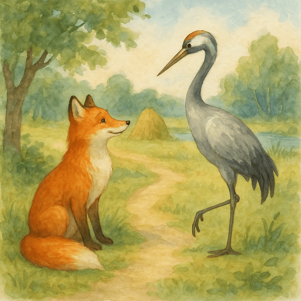 Лиса и Журавль встретились на лесной опушке и беседуют.