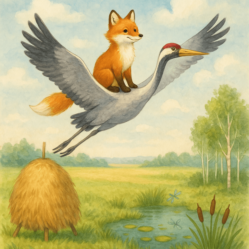 Лиса на спине Журавля летит над полями; внизу видны стог сена и болото.