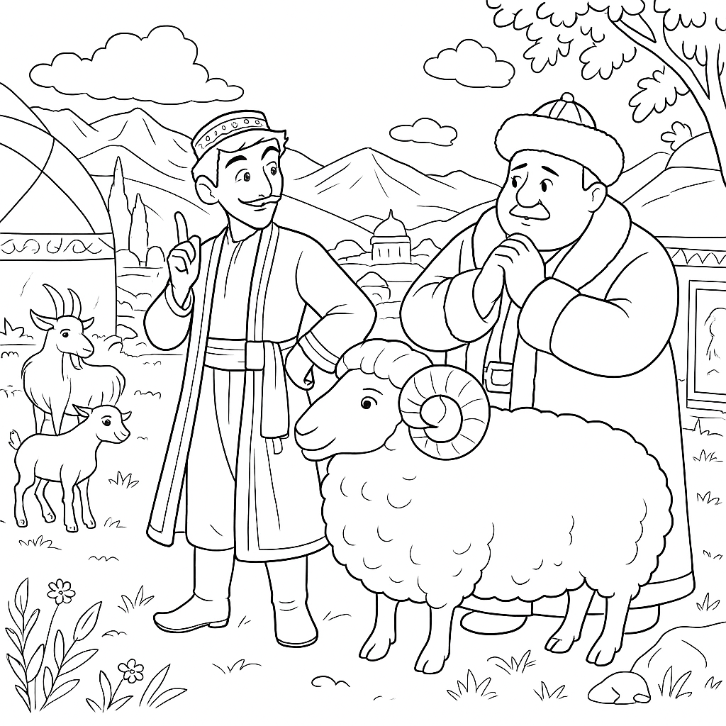 Раскраска по сказке "Хитрый алдар-косе"