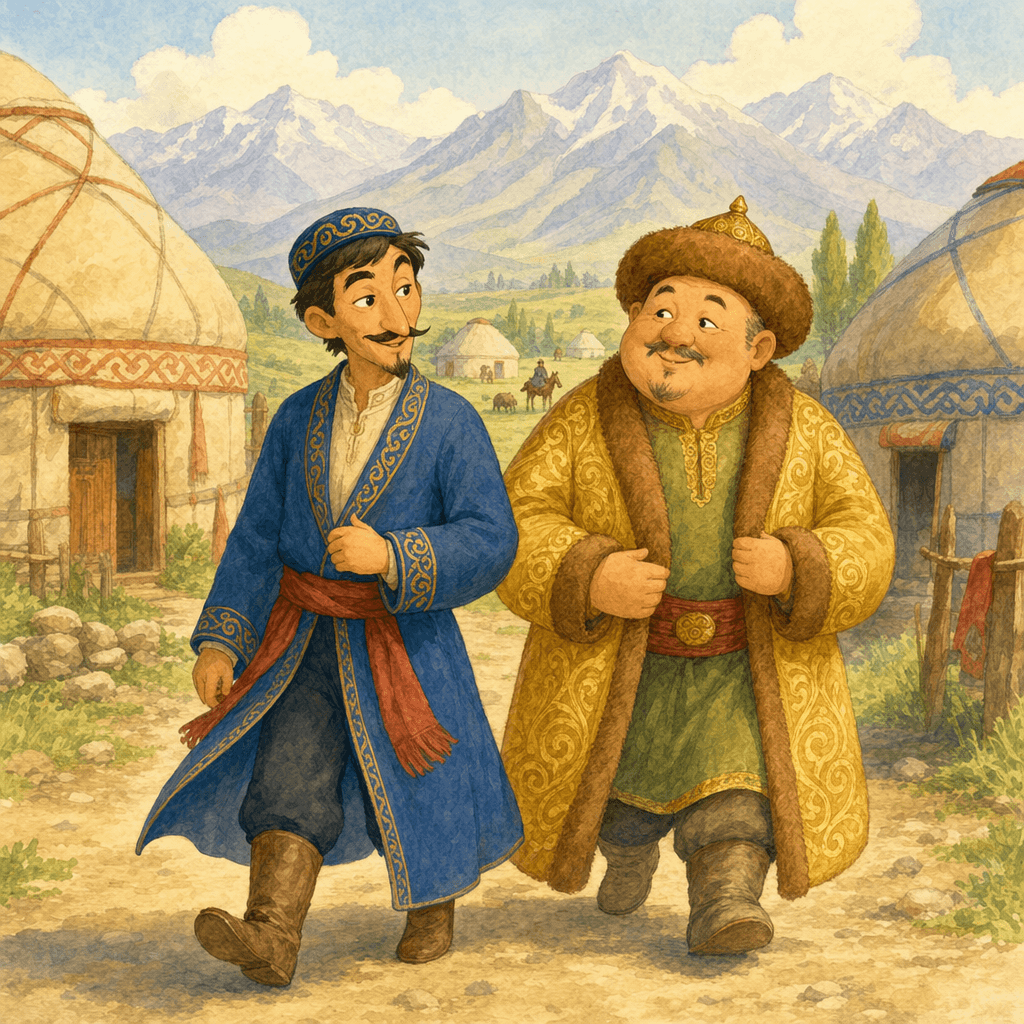 Алдар-Косе и Жатыр-бай на фоне аула и гор