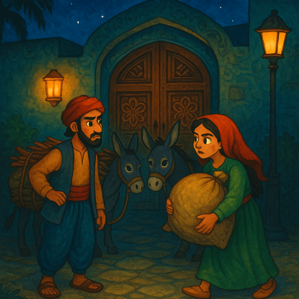 Али-Баба и Зейнаб приносят домой мешки с золотом, спрятанным под дровами, ночью у ворот их дома во дворе.