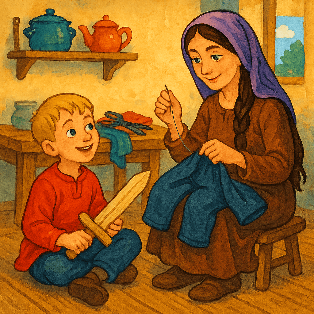 Алька с матерью готовят снаряжение для похода.