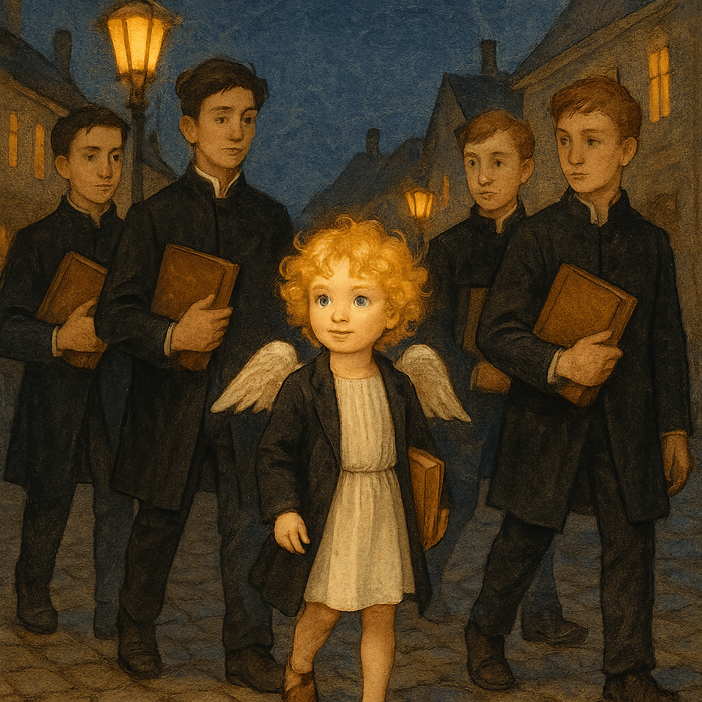 Амур в черном сюртуке идет в рядах студентов, пряча лук