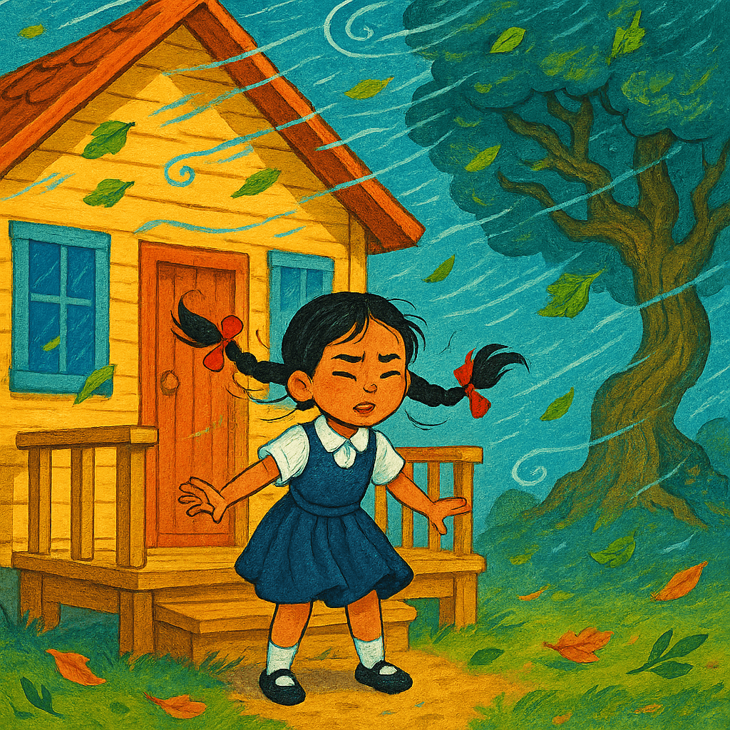 Аня на фоне своей школы во время урагана