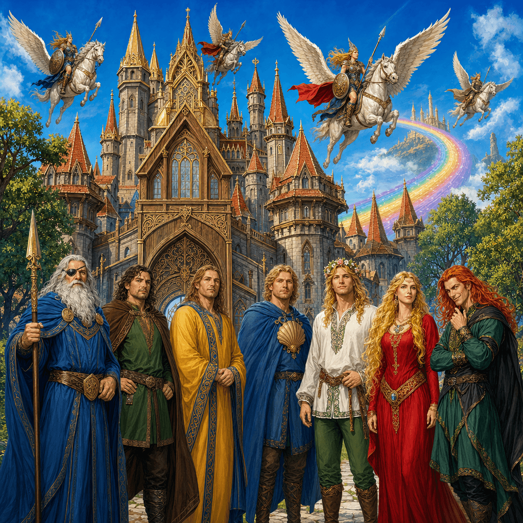 Асгард — огромный волшебный замок с Асами, Ванами и Локи у ворот, в небе валькирии