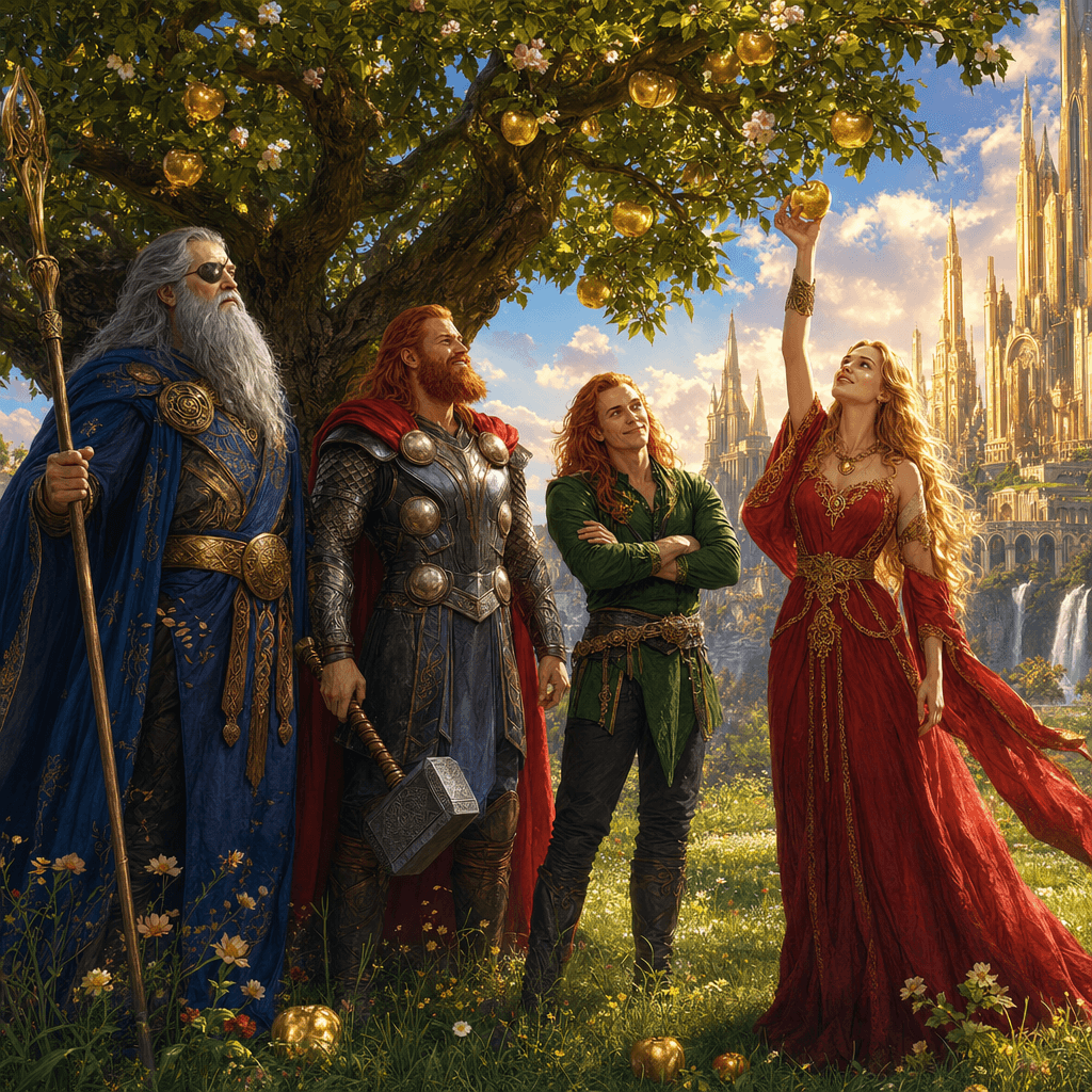 Асы на лугу у волшебного яблоневого дерева с золотыми яблоками