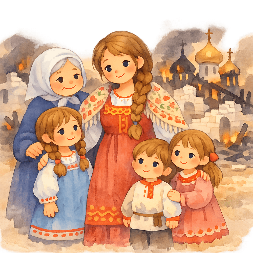 Авдотья Рязаночка с детьми и матерью на фоне сгоревшего города