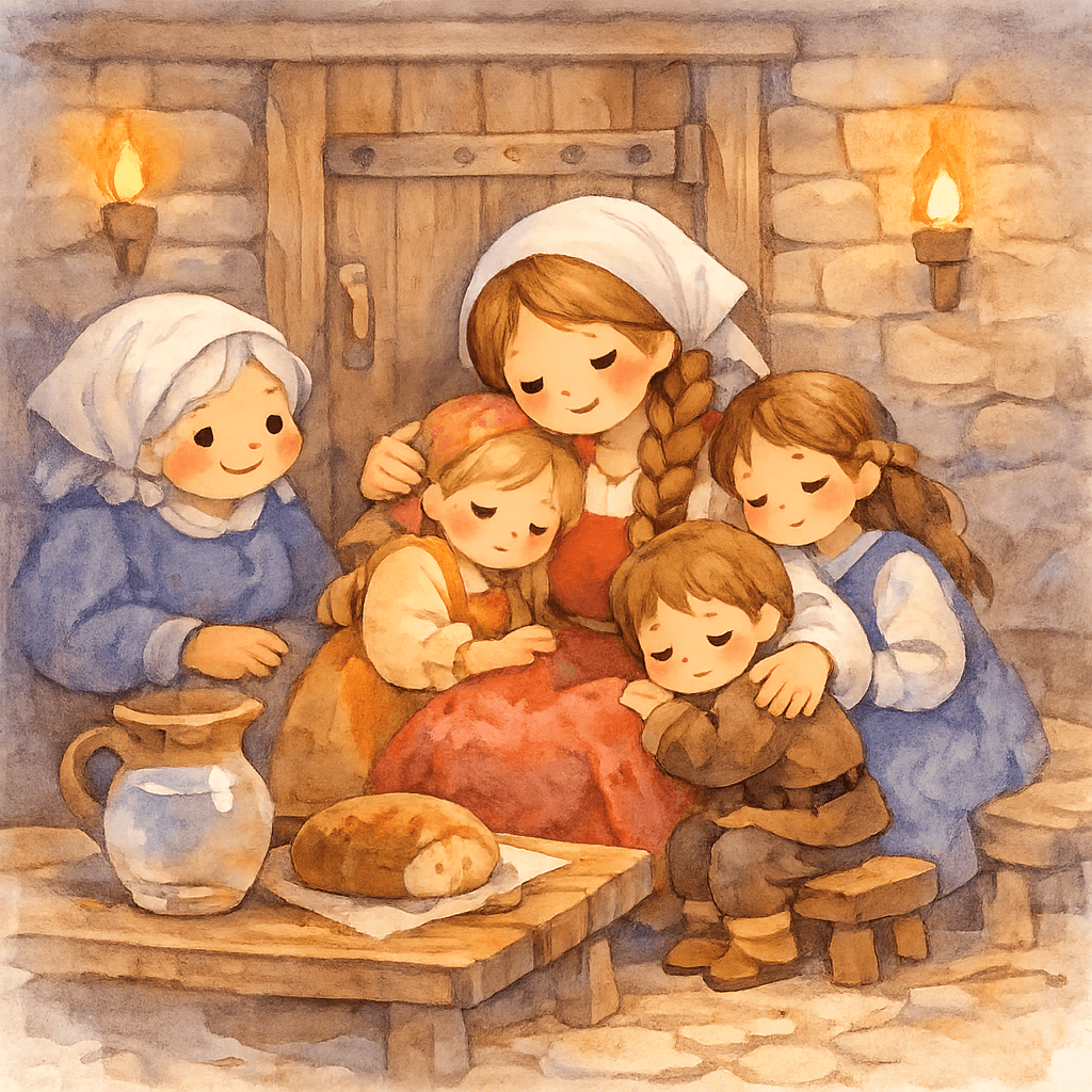 Авдотья с детьми и матерью в темном погребе, детей утешают