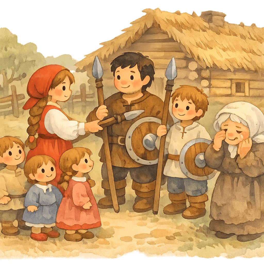 Авдотья прощается с мужем и сыном перед боем, рядом печальная семья