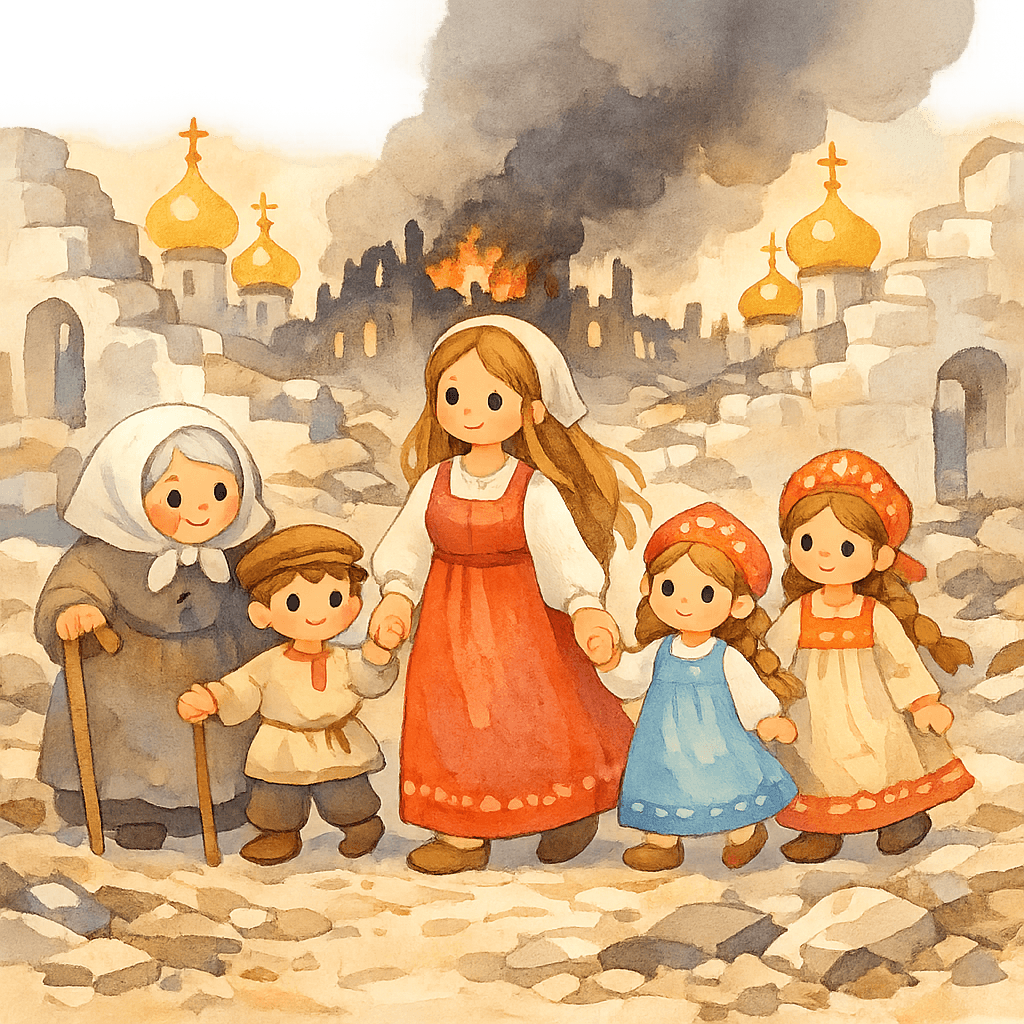 Авдотья с детьми и матерью на пепелище родного города