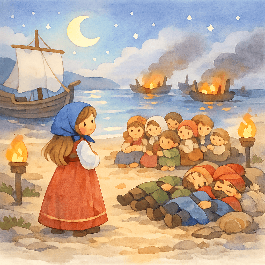 Авдотья, освободив пленников, ведет их к кораблю на ночном берегу