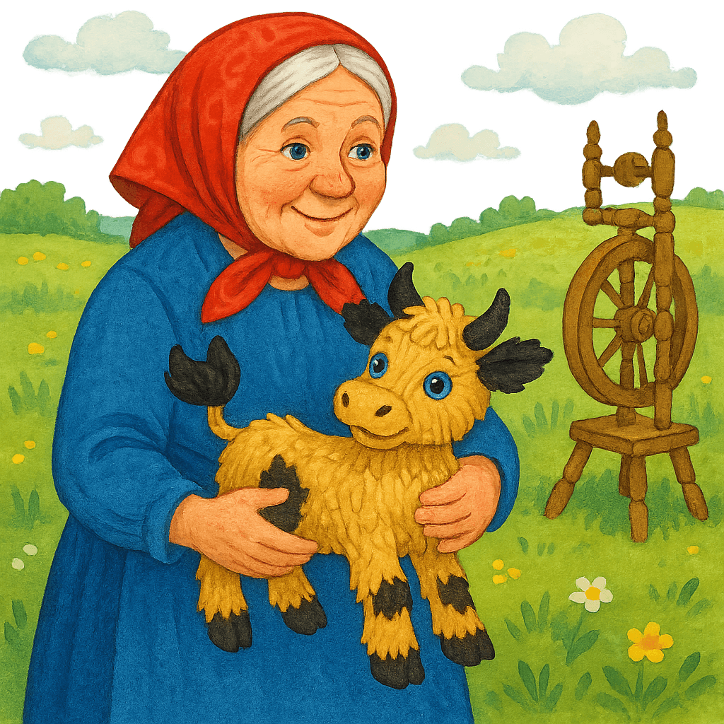 Баба несёт бычка-смоляного бочка в поле, рядом лежит прялка
