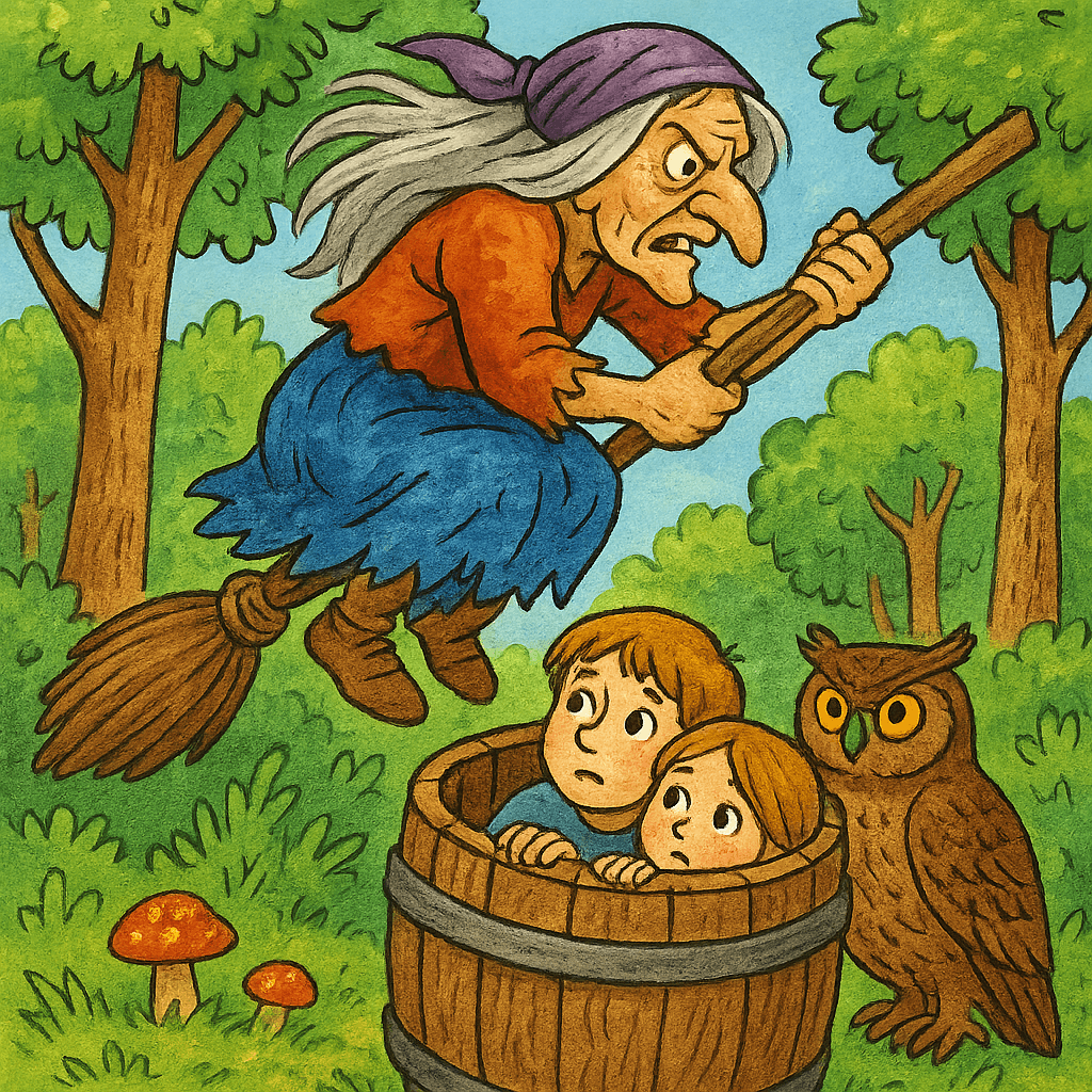 Баба-Яга и Ваня с Машей в бочке, рядом филин