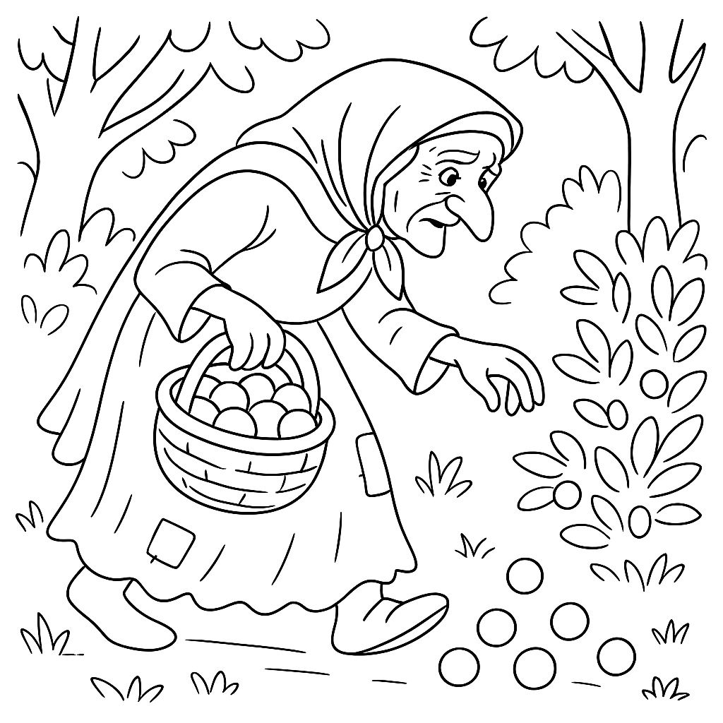 Раскраска по сказке "Баба яга и ягоды"
