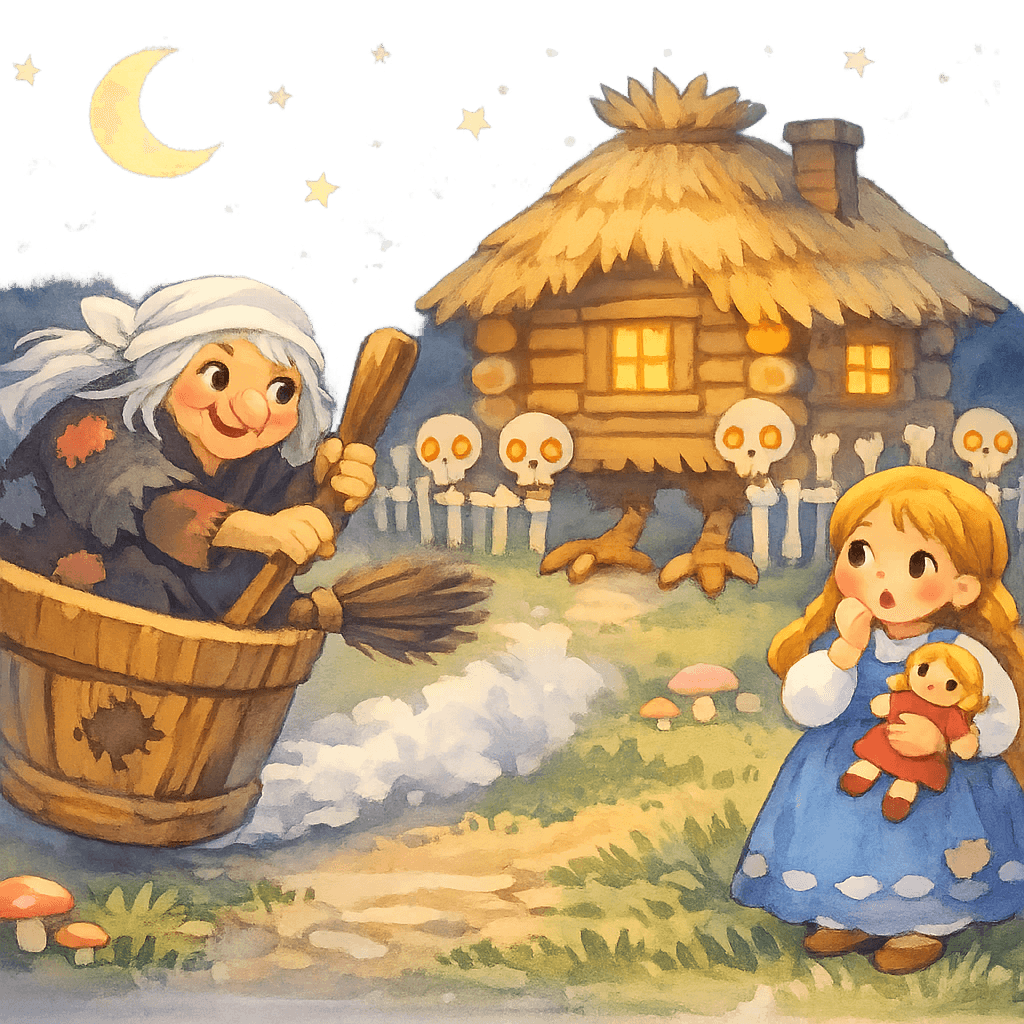 Баба-яга в ступе прилетает к избушке с Василисой на поляне