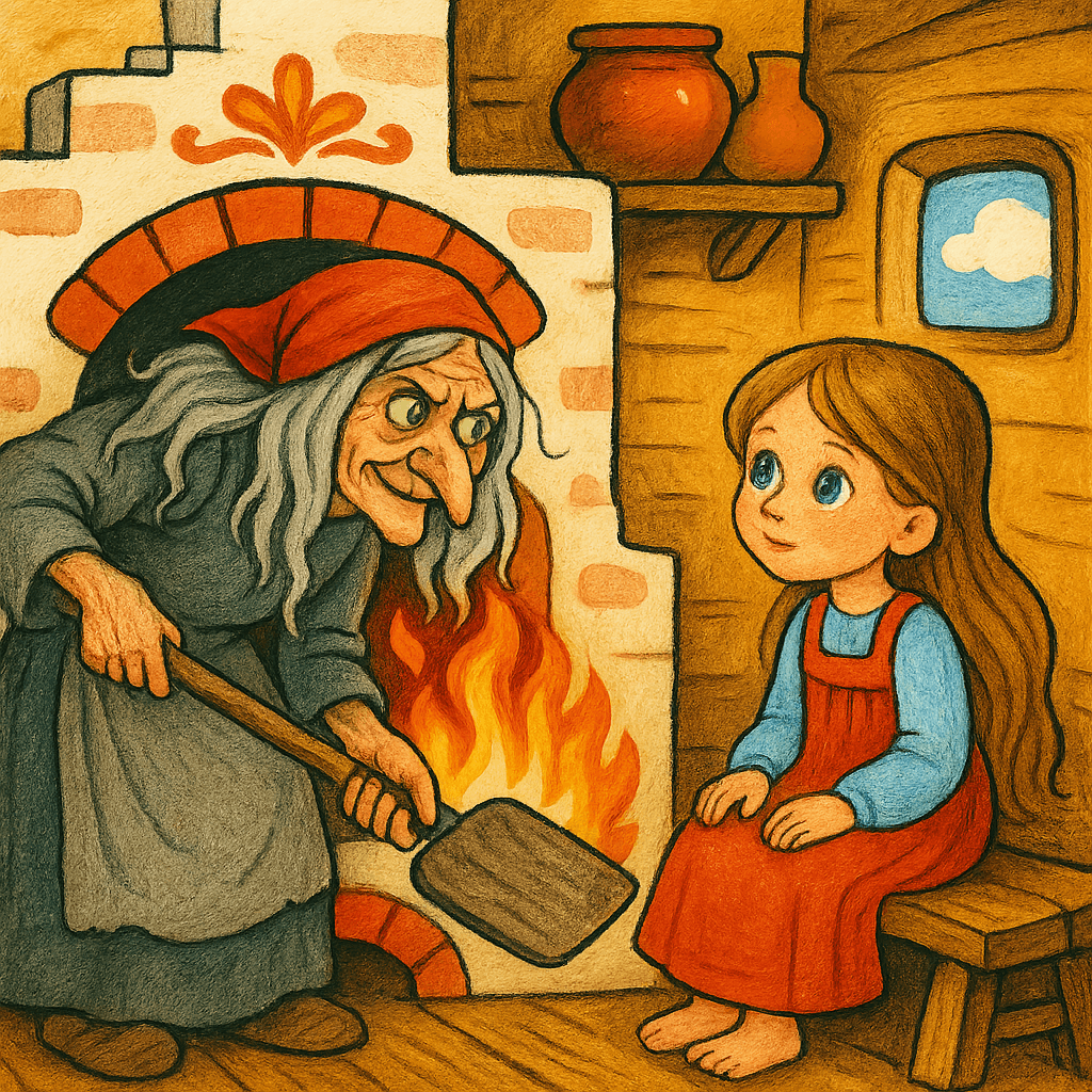 Баба Яга топит печь и объясняет Жихарке, как лечь калачиком на лопату.