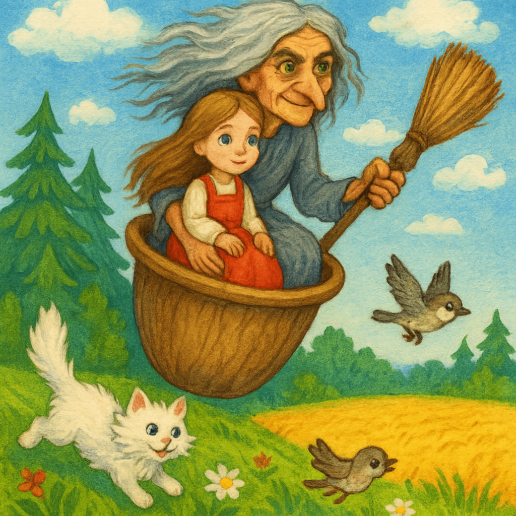 Баба Яга уносит Жихарку в ступе, Кот и Воробей бросаются на помощь.