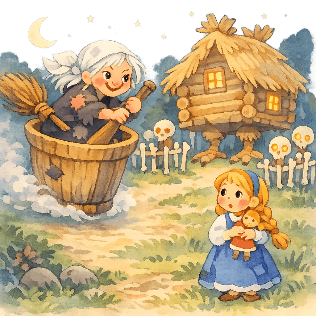 Баба-яга в ступе прилетает к избушке с Василисой на поляне