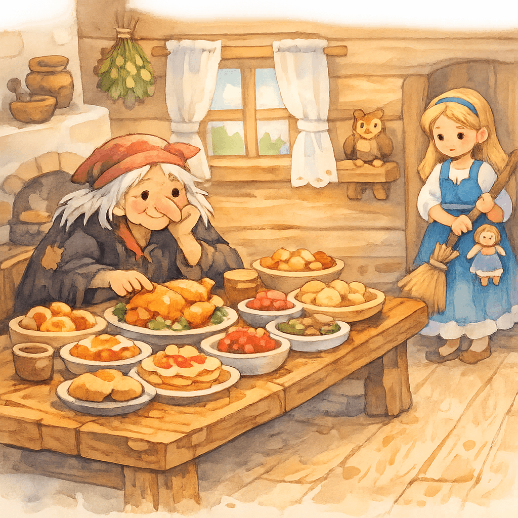 Баба-яга удивляется чистоте и порядку в доме, Василиса держит метлу