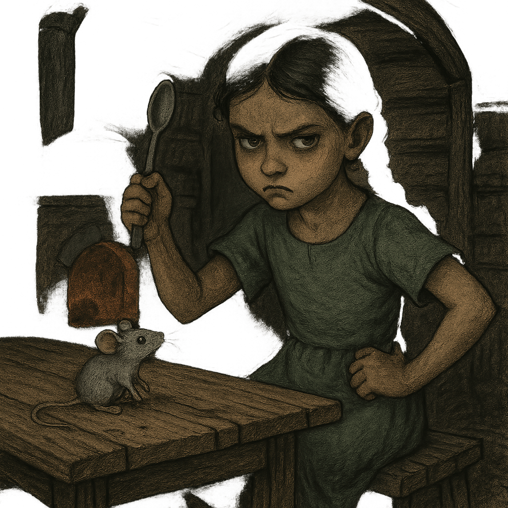 Бабина дочь бросает ложкой в мышку в землянке