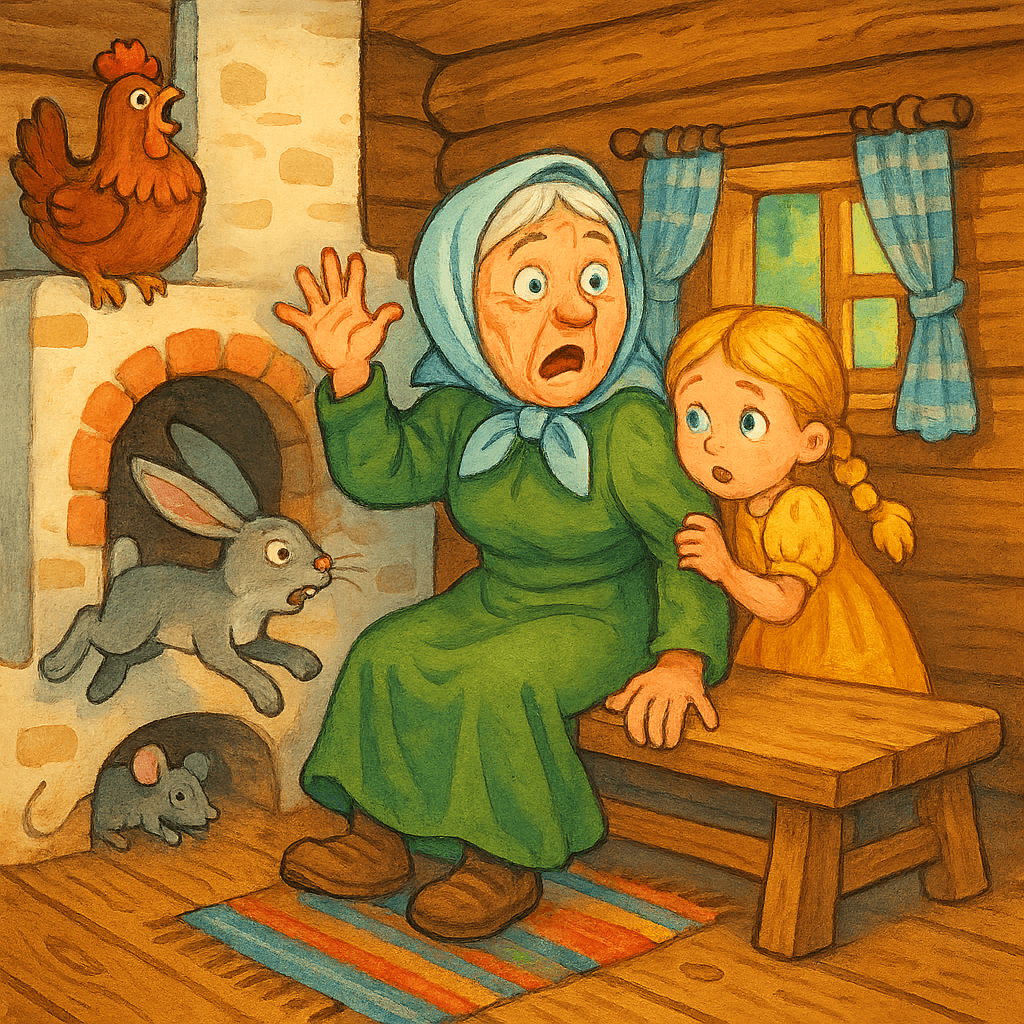 Все герои испугались и разбежались по дому: бабушка на лавке, внучка за ней, курочка на печке, мышка под печкой