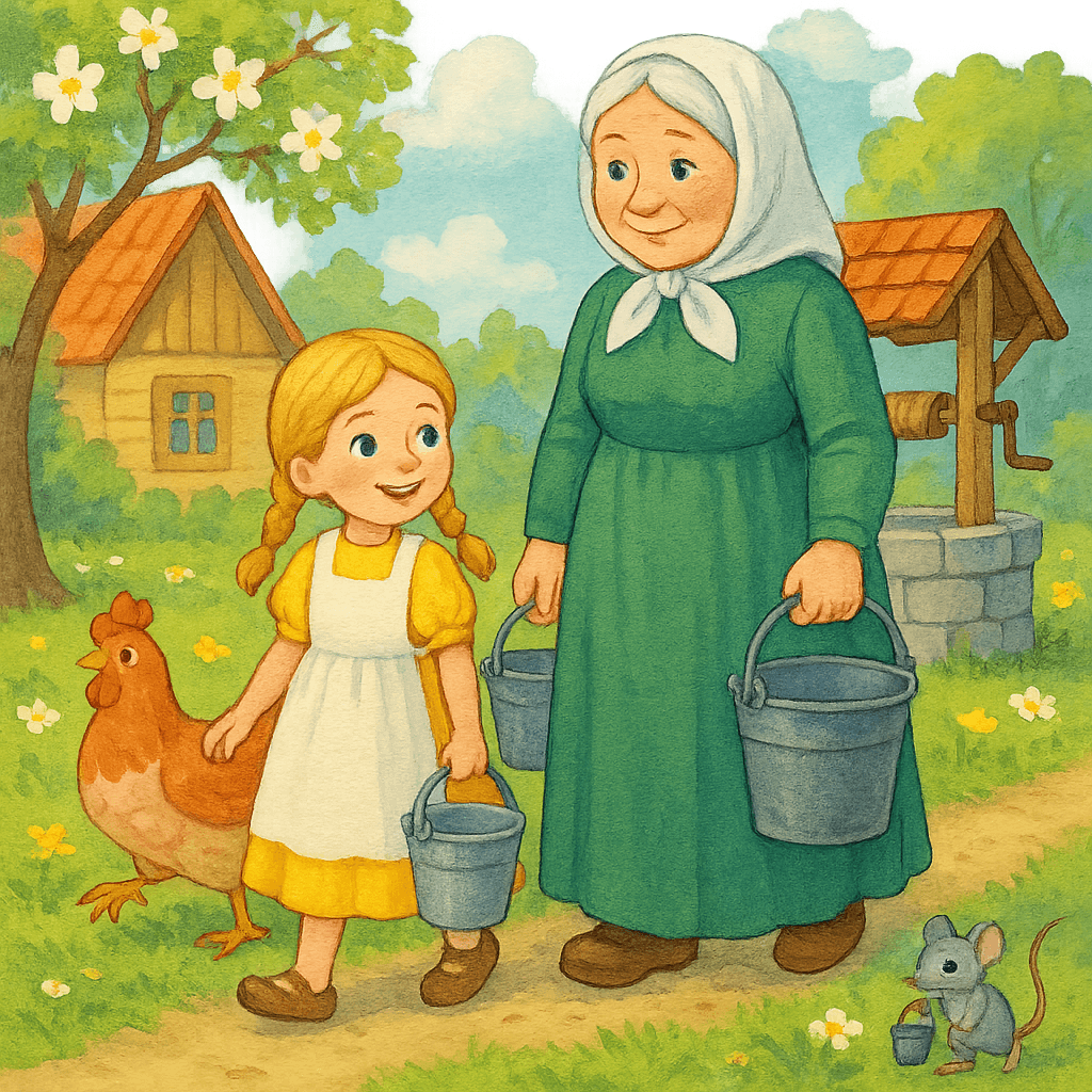 Бабушка, внучка, курочка и мышка несут ведра к колодцу