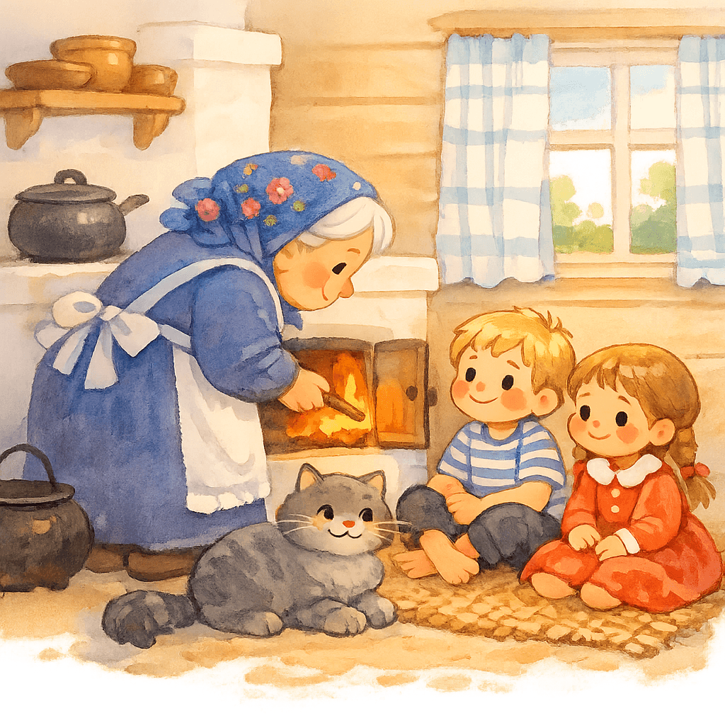 Бабушка у печки, Ваня и Куня дремлют, кот рядом