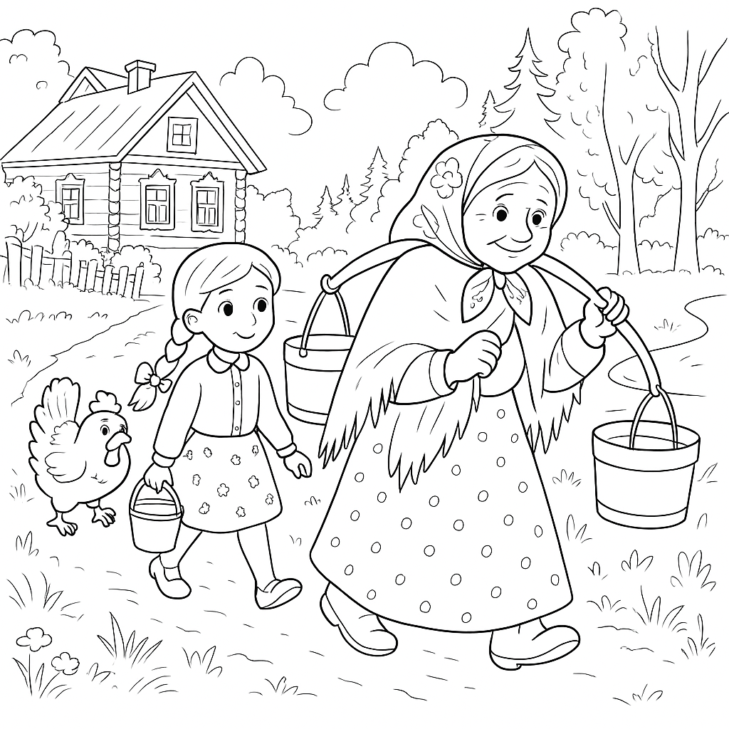 Раскраска по сказке "Бабушка, внучка и курочка"