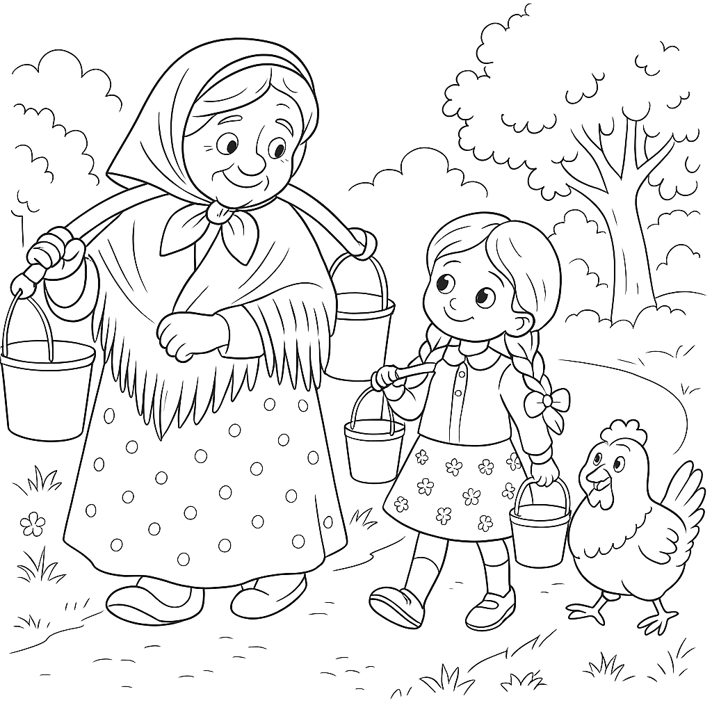 Раскраска по сказке "Бабушка, внучка и курочка"