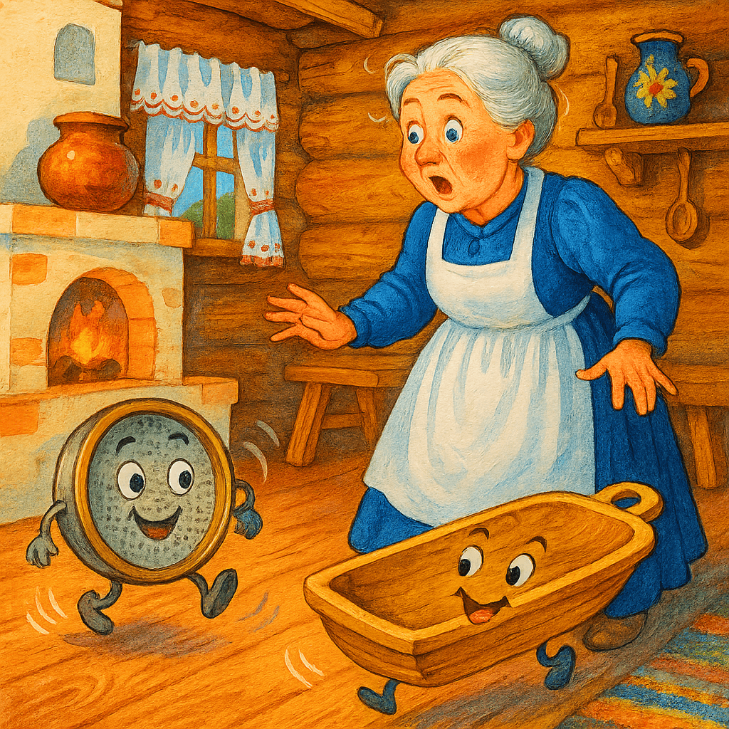 Федора удивленно смотрит на ожившую посуду: сито и корыто скачут по полу