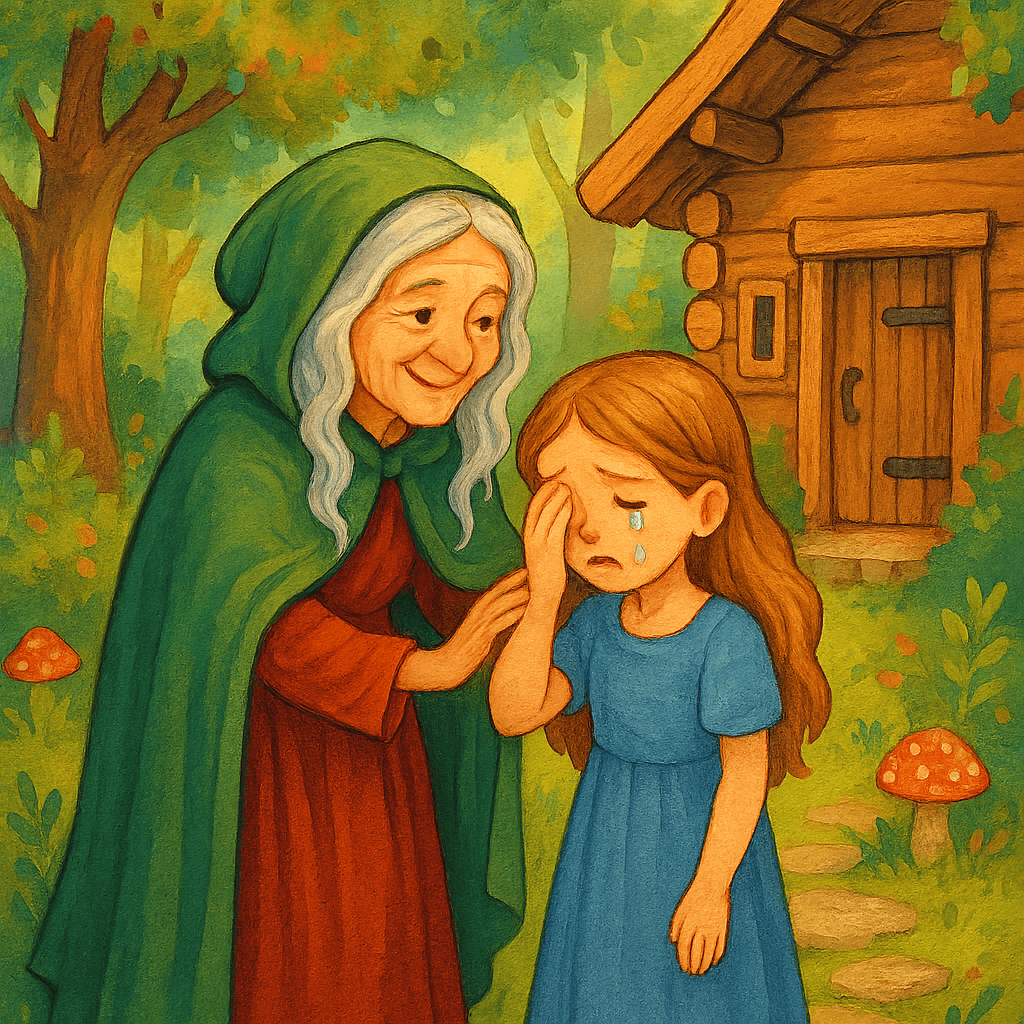 Бабушка-знахарка встречает девочку возле домика в лесу
