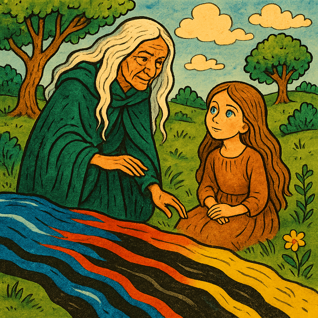 Бабушка и девочка наблюдают за волшебной рекой с меняющимися цветами