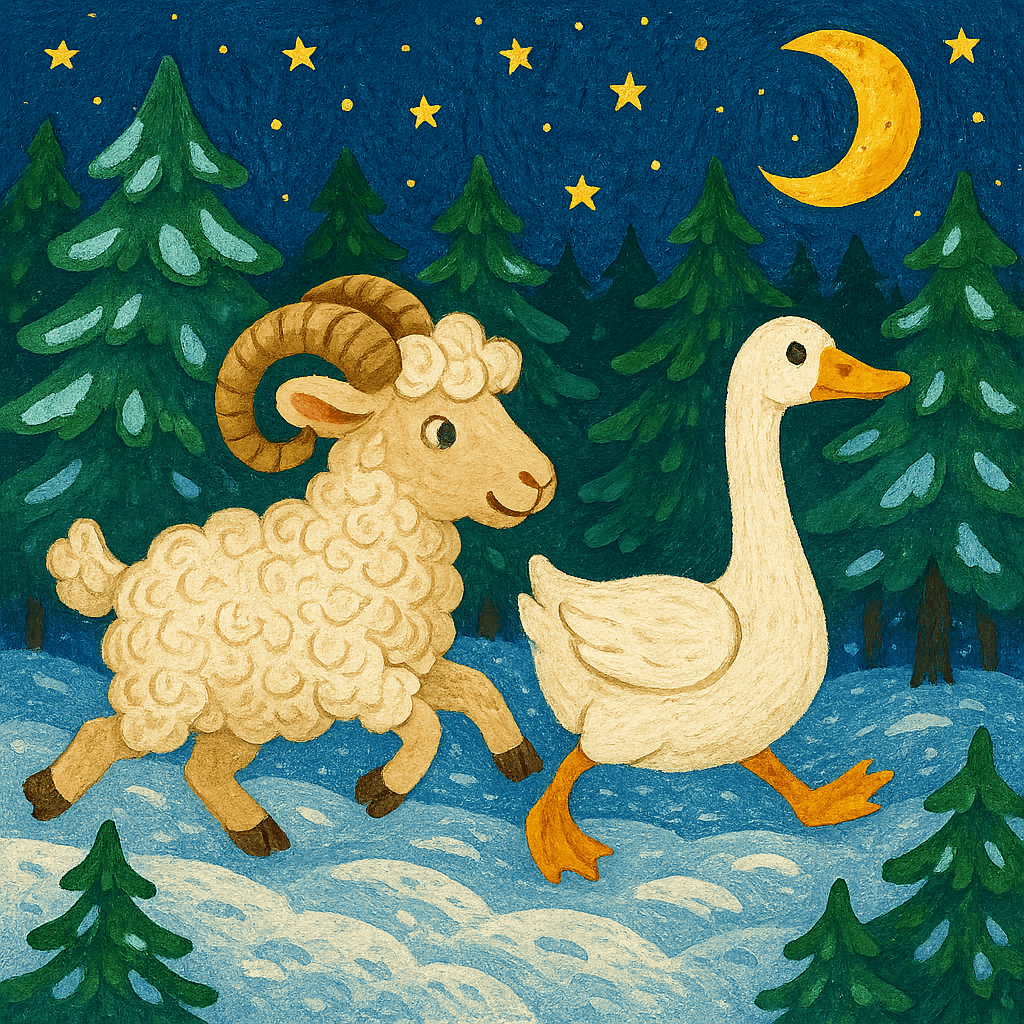 Баран и гусь бегут по снегу в ночном лесу