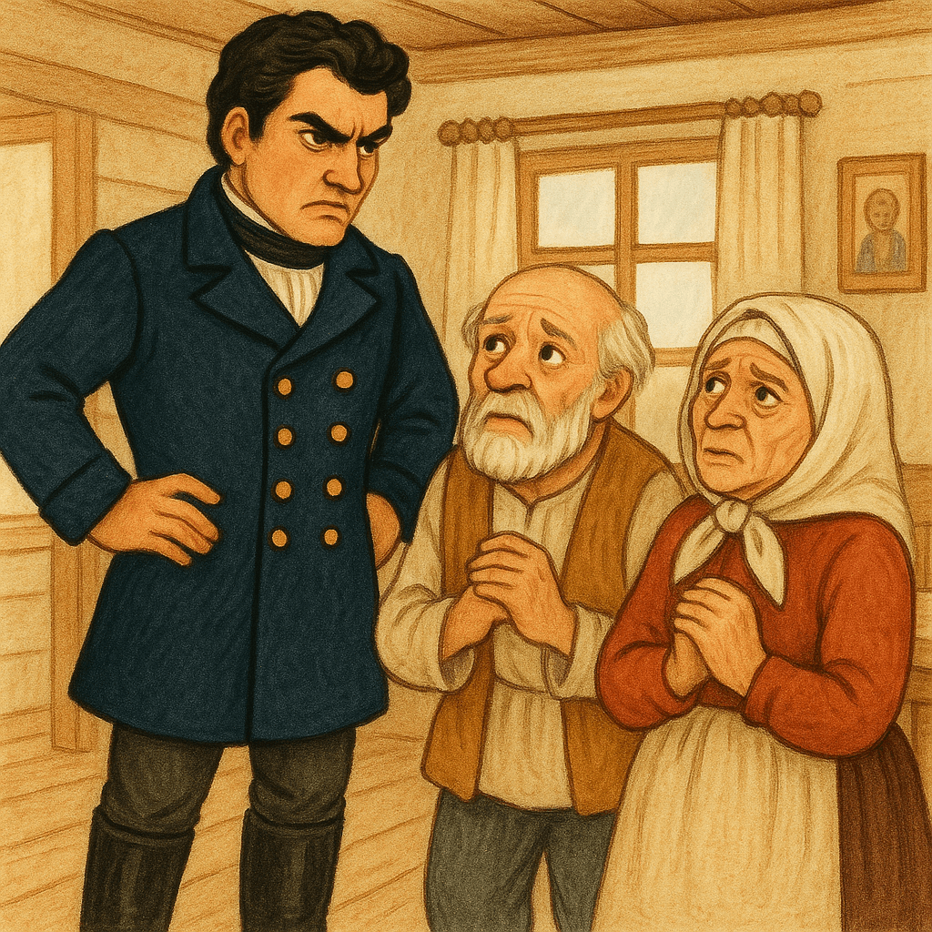 Барин допрашивает старика и его жену в избе