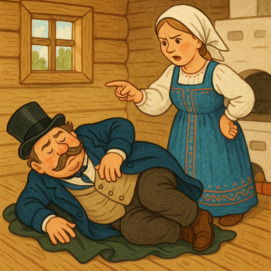 Барин пытается спать на шинели, рядом сердитая жена