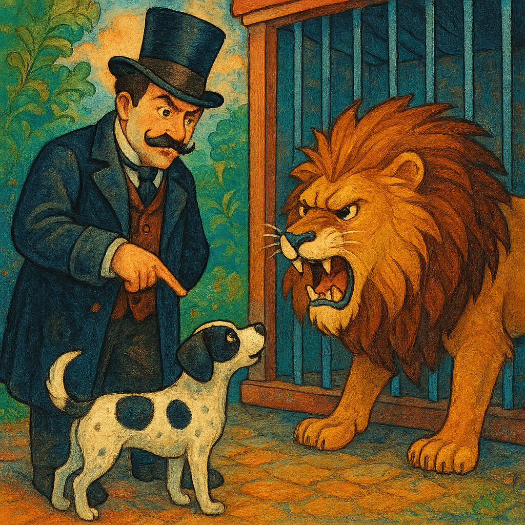 Барин требует вернуть свою собачку, но лев защищает её.