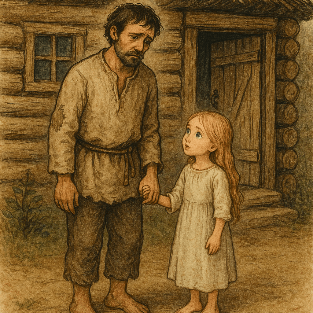 Бедный отец у домика с дочерью-семилеткой, девочка заботливо смотрит на него.