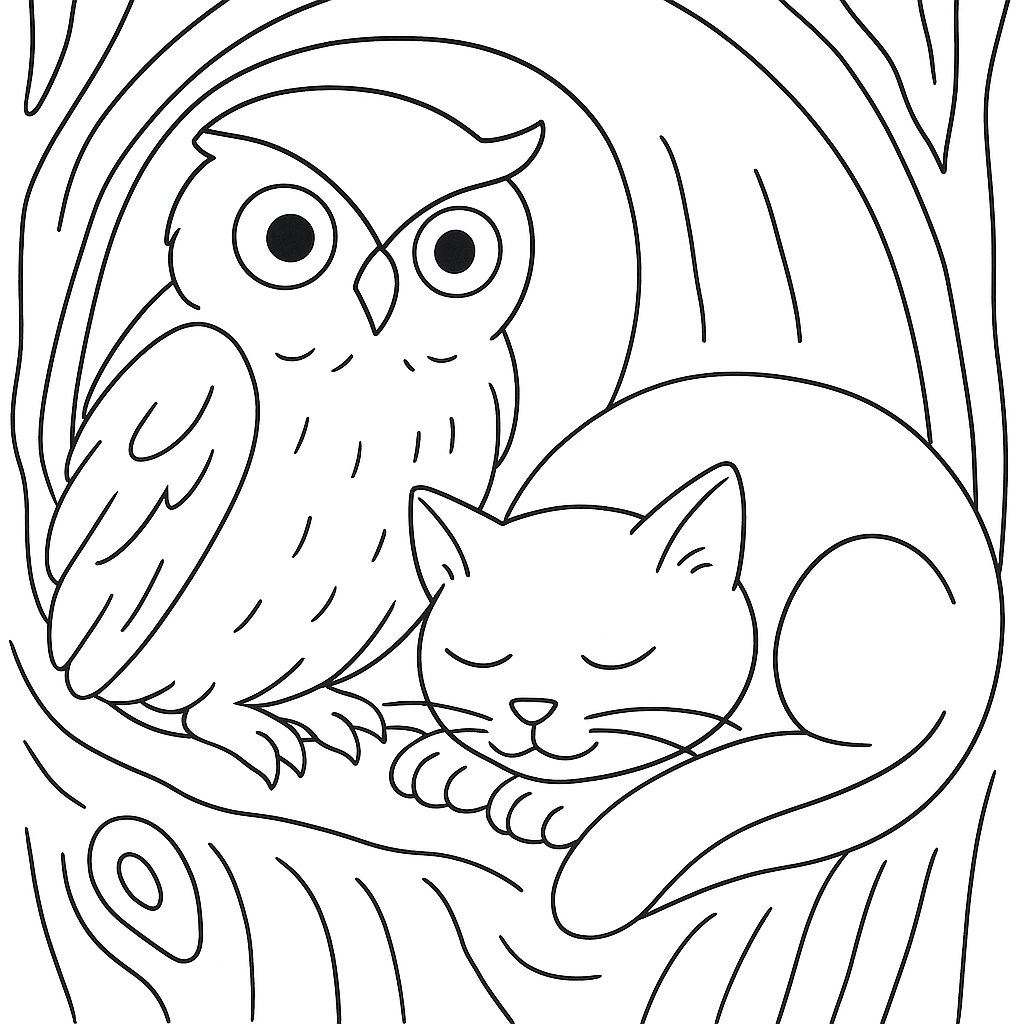 Раскраска по сказке "Сова и кот"