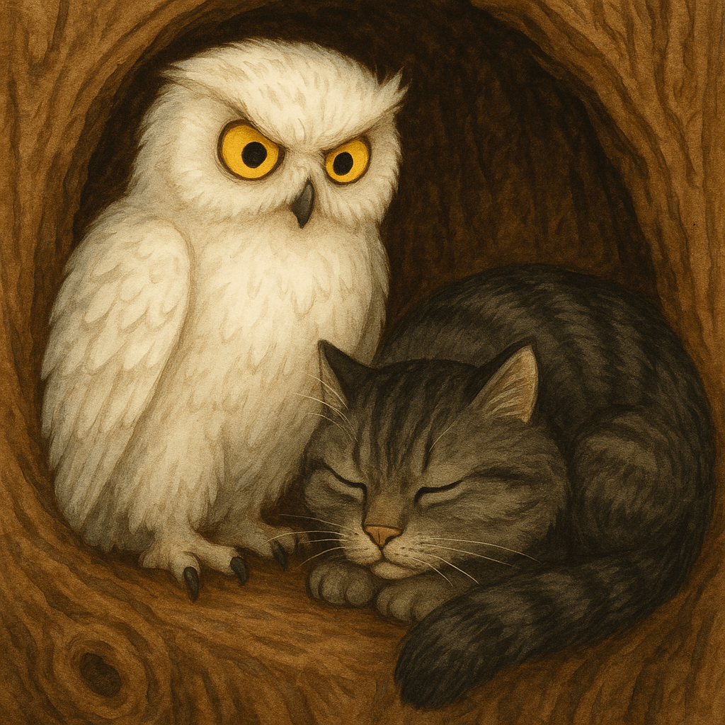 Белая сова и спящий кот в дупле дуба