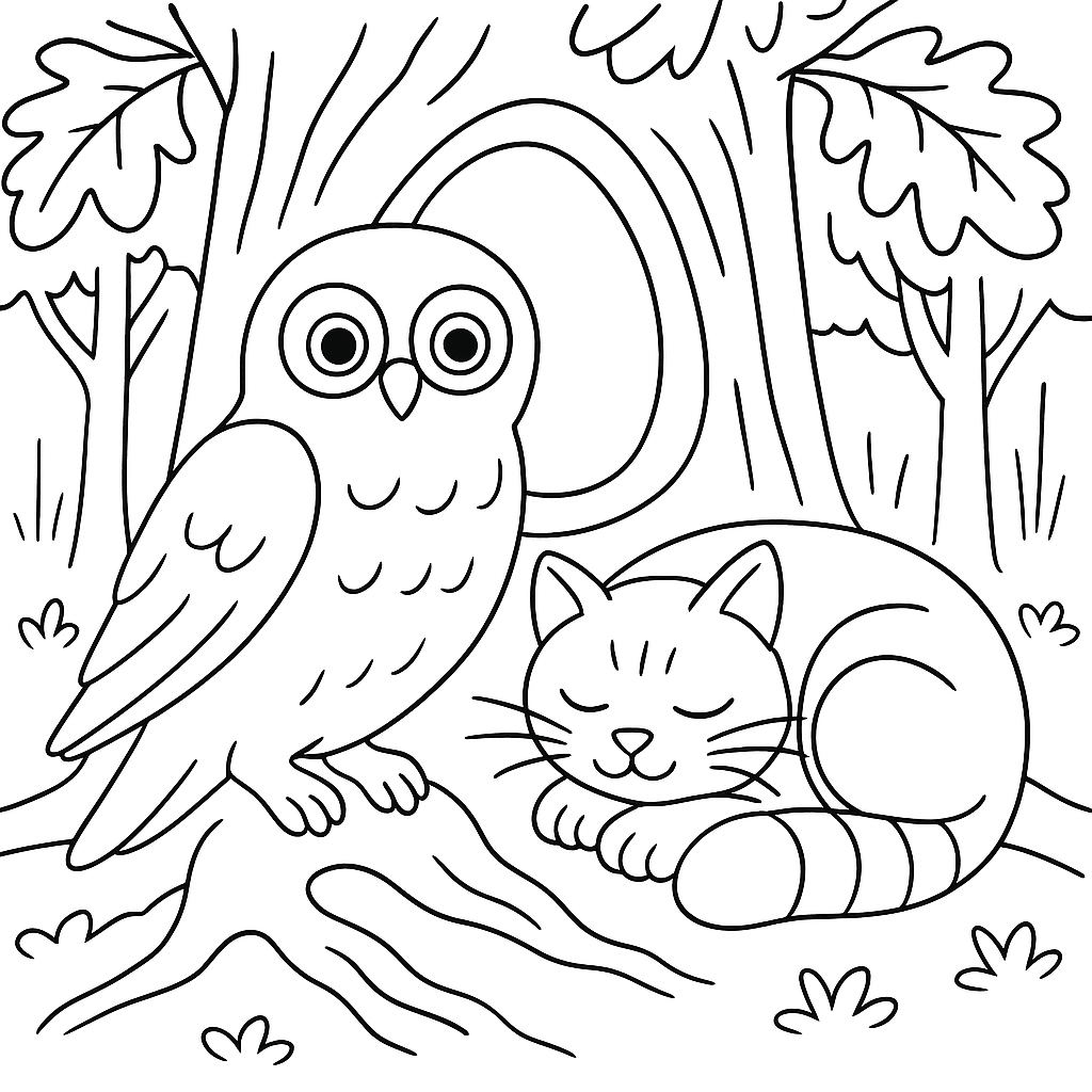 Раскраска по сказке "Сова и кот"